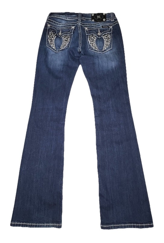 Miss Me Boot Jeans Dark Wash Wings Rhinestones Bling 30 Actual 32x34 Flap Pocket