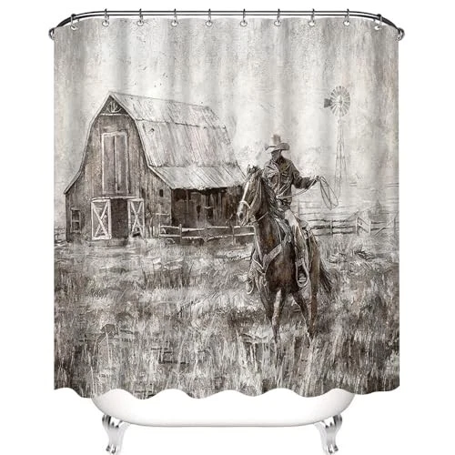 Western South Shower Curtain Cowboy Bathroom Decor with 12 Hooks 72x72 Inches  - Image 3 of 4