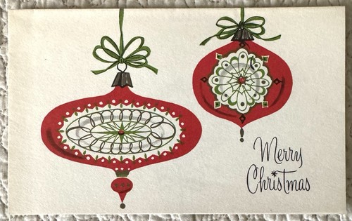 Unused Christmas Shiny Brite Red Ornaments Hang Vtg Greeting Card 1940s 1950s