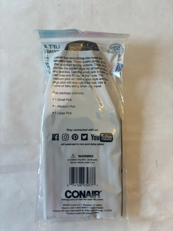 Conair & Diane Lift and Define Peines Pick, Colores Surtidos, Paquete de 3 NUEVO Lote Foto 3 de 4
