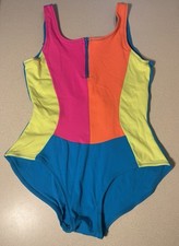 Vintage 80s Girls Sz 16 Nylon Swimsuit Sears Max Active Neon Colors Block Style