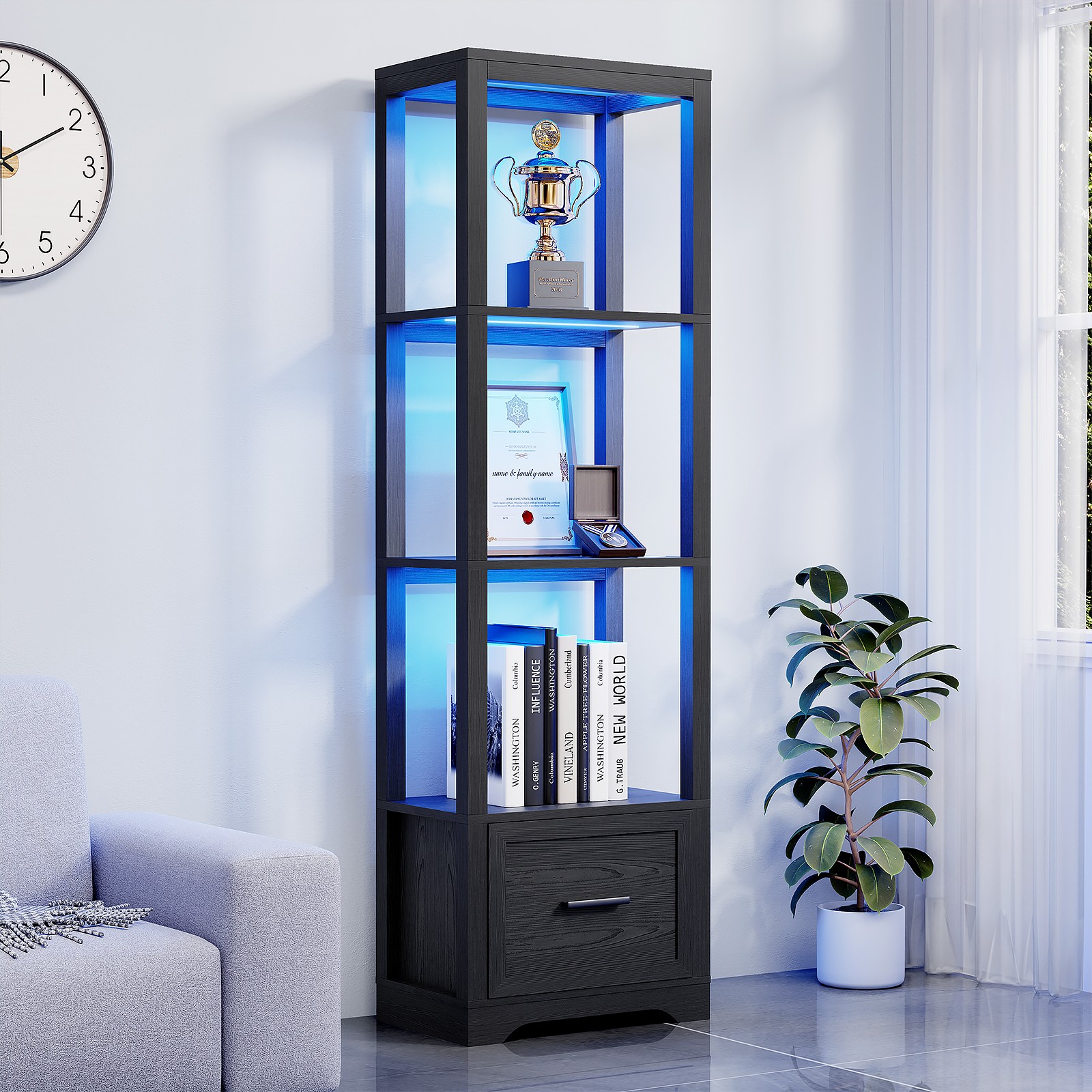 BROTTAR Display Shelf Curio Cabinet, 3-Color LED Lighted Bookshelf with Drawer