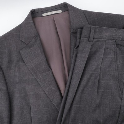Hickey Freeman Legacy Windowpane Worsted Wool Suit Charcoal Gray Mens 40R 35x29