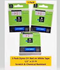 3 Pack New OEM DYMO D1 45015 Red on White Label Tape 0.5" X 23 Feet