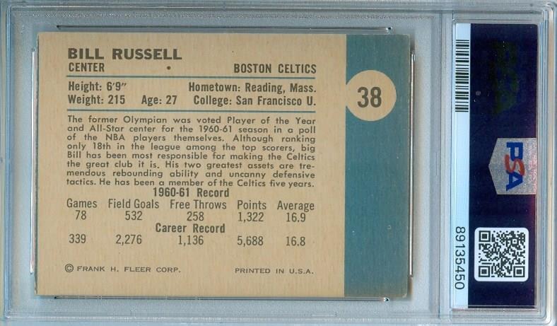 1961 Fleer NBA Basketball Card BILL RUSSELL #38 Boston Celtics PSA 3 view 2