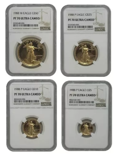 1988 4-Coins Set W and P $50 $25 $10 $5 Proof Gold Eagle Set NGC PF70 UC
