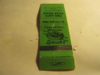 Vintage Two Guys Steak House Jefferson City MO Charcoal Broiled Matchbook
