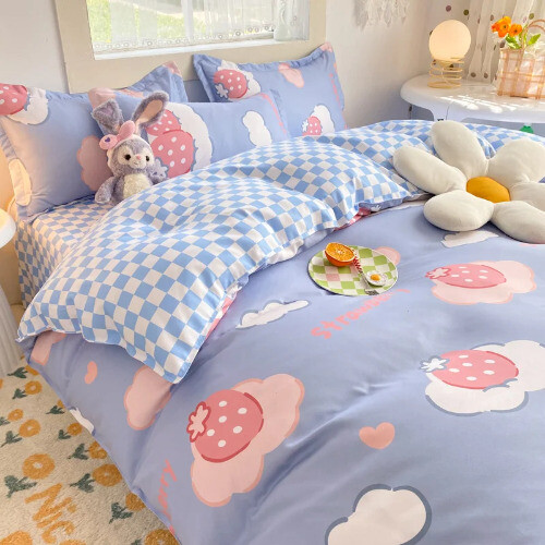 3/4pcs Cute Cartoon Fruit Bedding Set Flat Bed Sheet Duvet Cover Pillowcase - Bild 14 von 48