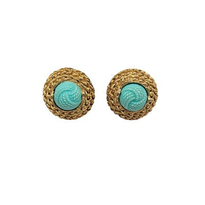 TRIFARI Turquoise Knot Rope Twist Vintage Earrings Gold Tone Acrylic 1950s