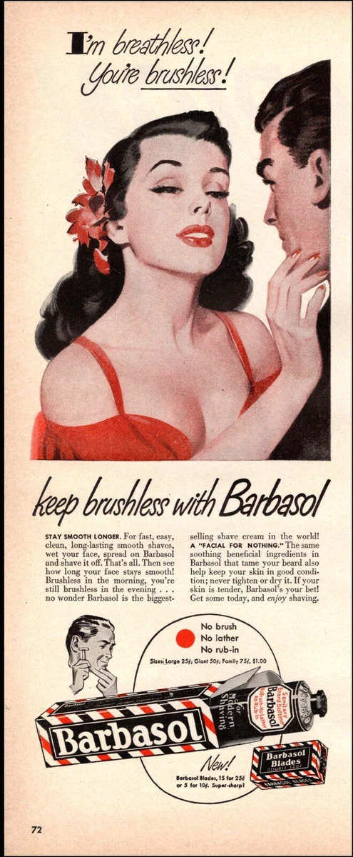 1940s vintage AD for BARBASOL Shaving Cream and Blades Low cut red dress  051621 | eBay