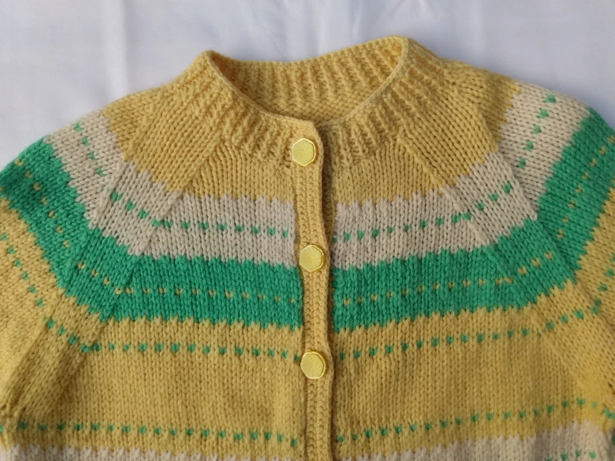 Vtg hand knit wool 50s 60s cardigan sweater YELLOW GREEN WHITE STRIPE  handmade
