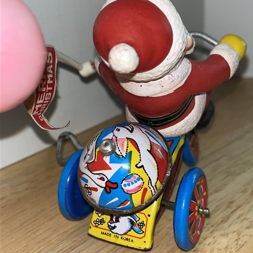 Vintage Tin Litho Wind Up Toy - Santa Claus On Tricycle - Balloon & Bell -Works! - Picture 7 of 8