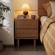 Solid Wood Nightstand, Walnut Nightstand with Drawers Mid Century Modern Night S