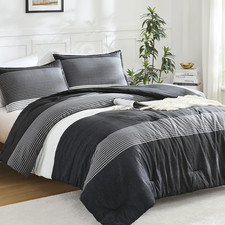 Full Comforter Set Black - 3 Pieces Stripe Bedding Comforter Sets Boys Men Flu