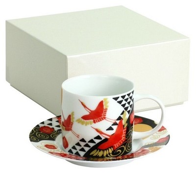 Authentic Japanese Mino Ware Demitasse Cup & Saucer Set 'Crane & Turtle' Gift