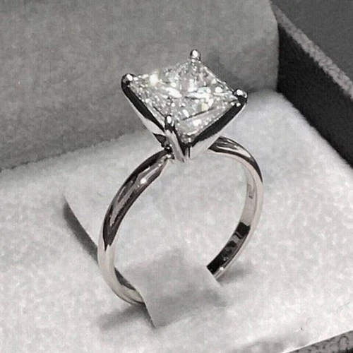 3 Ct Princess Cut Simulated Diamond Women's Solitary Ring 14k White Gold Plated - Image 4 of 4