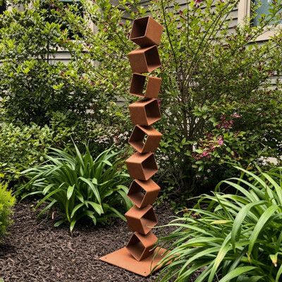 Modern Rusted Metal Garden Sculpture | 48'' Outdoor Steel Yard Art | Stacked Cube
