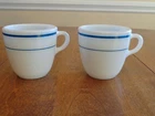 VINTAGE PYREX 723 MILK GLASS MUGS TEAL BLUE STRIPES LOT OF 2