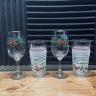Vintage Christmas holly ribbon crystal goblets + snow scene tumbler glasses — photo 2