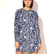 Size L Zara Jacquard Navy Blue Long Sleeve Dress