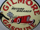 VINTAGE GILMORE RECORD BREAK GASOLINE CAR +FLAG 11 3/4" PORCELAIN METAL OIL SIGN