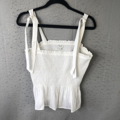Beach Tank Top Womens L White Smocked Peplum Tie Strap Summer Boho Beach