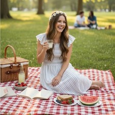 Love Smocked Striped Maxi Dress Flutter Sleeve Square Neck White Blue M