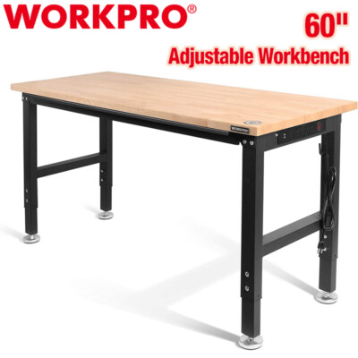 WORKPRO 60'' Adjustable Workbench Rubber Wood Top Heavy-Duty Workstation 2000 Lbs
