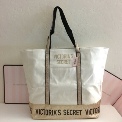 VICTORIAS SECRET TOTE BOOK BEACH GYM PURSE SHOPPING BAG BEIGE CANVAS LOGO NWT
