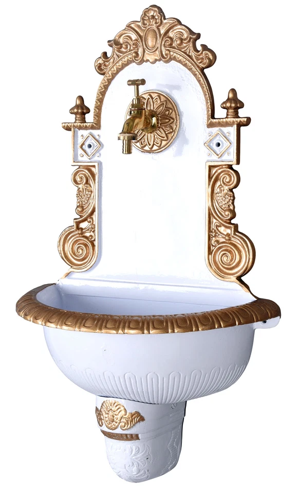 Wasserbecken Antik Brunnen Garten Weiss Gold Wandbrunnen Gartenbrunnen 72cm