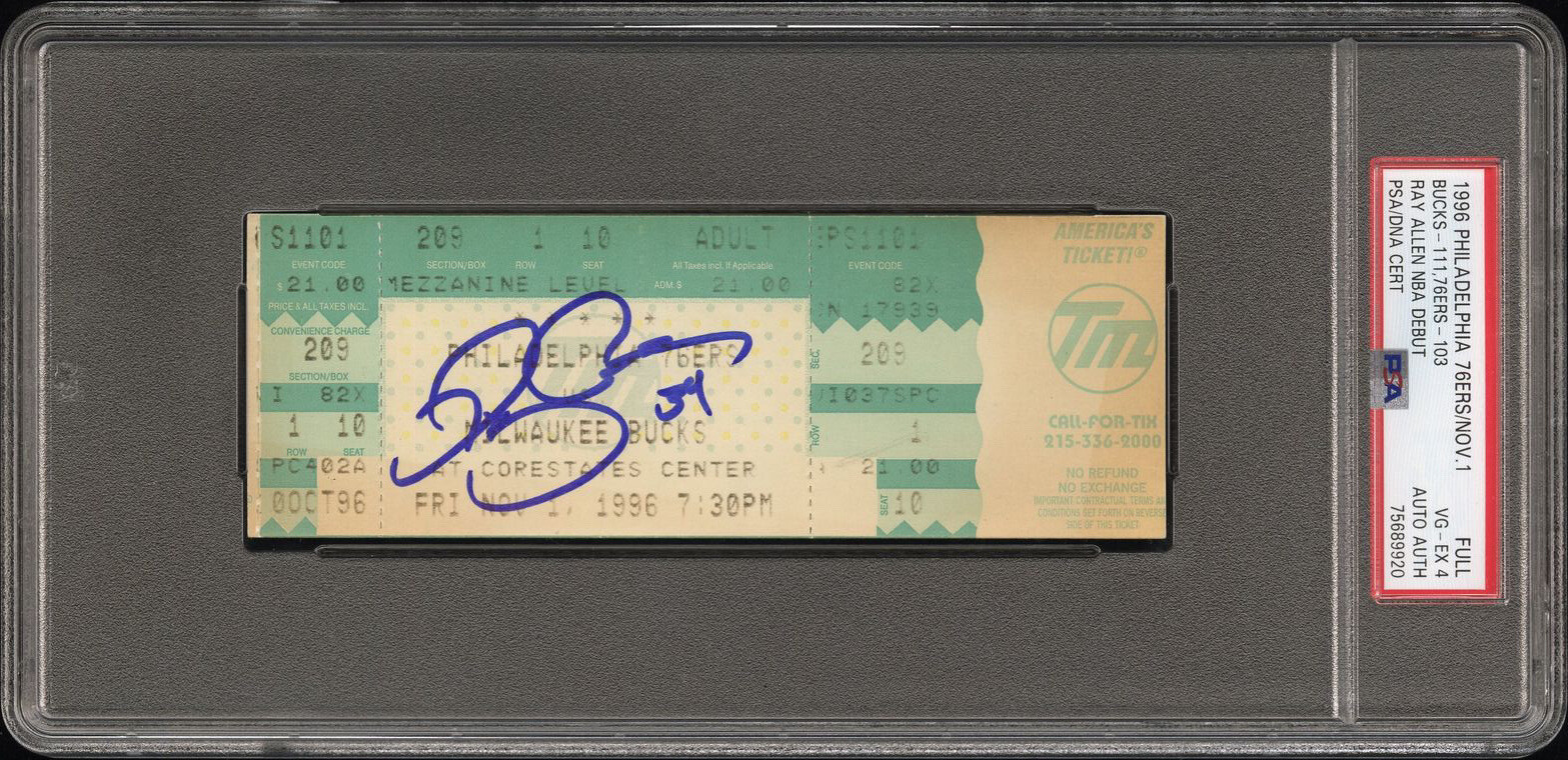 Ray Allen Autographed Signed NBA BASKETBALL DEBUT TICKET MILWAUKEE BUCKS PSA/DNA HOF 