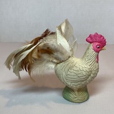 Antique Celluloid Chicken w/Real Tail Feathers Toy Easter