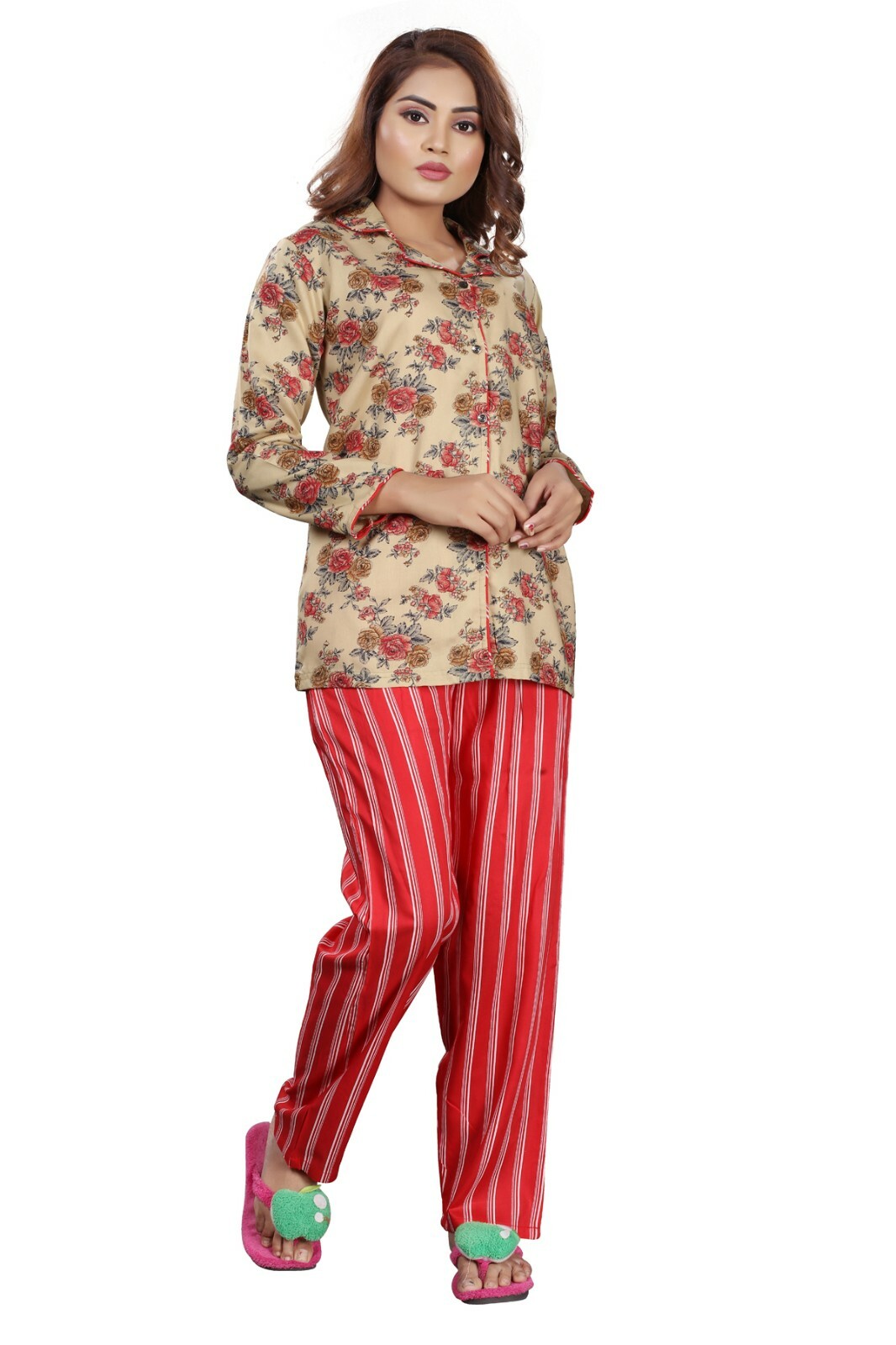 Indian Button-Down Shirt Pajama Night Suit Set Women's Ethnic Sleepwear Dress-image