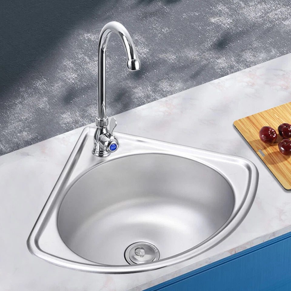 Single Triangle Wash Basin Corner Sink Mini Bar Sink Stainless Steel w/ Faucet - Image 4 of 4