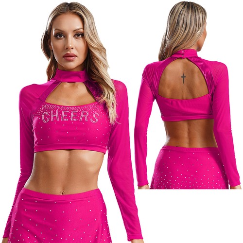 Women Cheer Uniform Tops Night Club Crop Top Rhinestone Cheerleader Costume - Picture 40 of 87