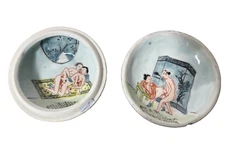 RARE ANTIQUE Blue and White Japanese Shunga Paste Dishes Erotic Themed Lid Dish