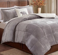 GRAY SHERPA PLUSH 4pc King COMFORTER SET : COZY GREY FAUX FUR BEAR HUG FLEECE