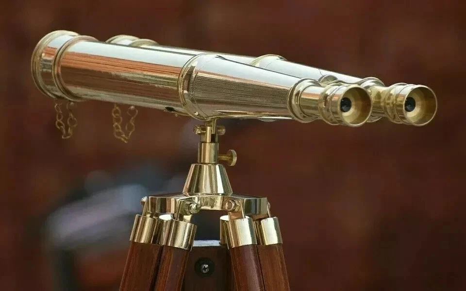 18" Nautical 1920s Brass Binoculars with Wooden Tripod Adjustable Floor Stand - Image 4 of 4