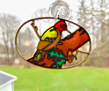 Vintage Sun Catcher-Stained Glass Bird Perched on a Branch