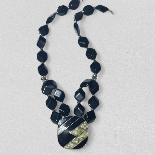 Vintage signed Trifari Lucite Enamel Black Gold Necklace estate costume jewelry