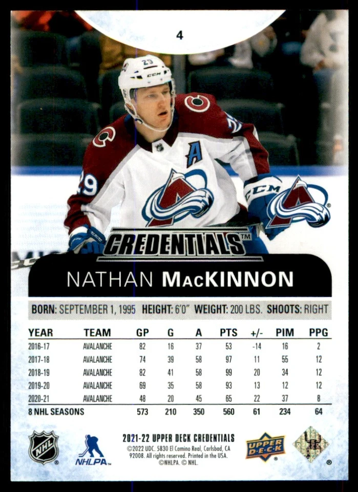 2021-22 Upper Deck Credentials Nathan MacKinnon #4 - Image 2 of 2