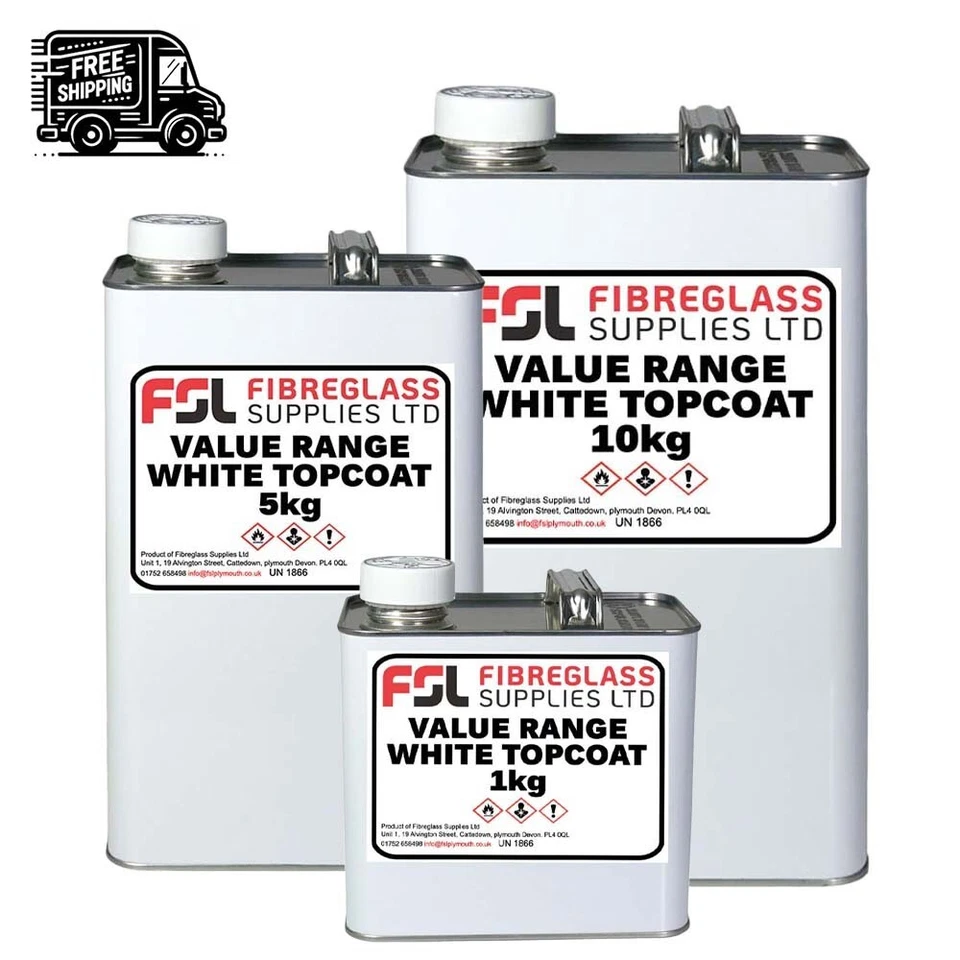 FIBREGLASS SUPPLIES White GRP Topcoat / Flowcoat Value Range + Catalyst - Boat, Caravan, Camper
