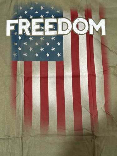 “FREEDOM” American Flag Green T-Shirt - by Black Ink Design - Size L / LARGE - Picture 2 of 3