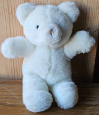 WHITE TEDDY BEAR PLUSH. 1989 BABY GUND STUFFED ANIMAL PLUSH. 7 1/2 IN.