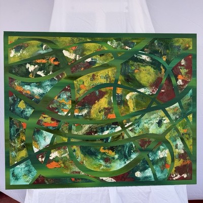 Signed Abstract Oil Painting Green Framed 24x30 Roly Fernandez