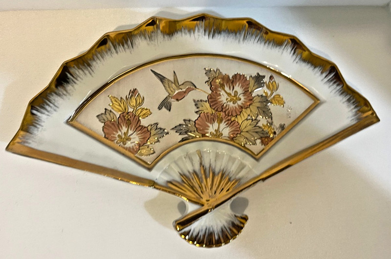 Japanese Chokin Fan Shaped Wall Hanging 24K Gold Trim White