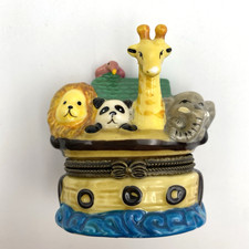 Hinged Mini Trinket / Ring Box Noah  s Ark Animals Figurine Ceramic