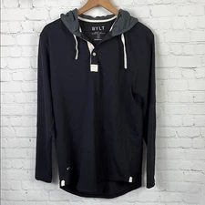 BYLT Men's Drop Cut Hooded Henley Lux Pullover Black Long Sleeve Top size medium