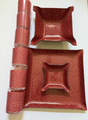 1980s Tele-Fun Fabric Chip/Dip 13'', Bowl 8 1/2'', 6 glasses, red leopard