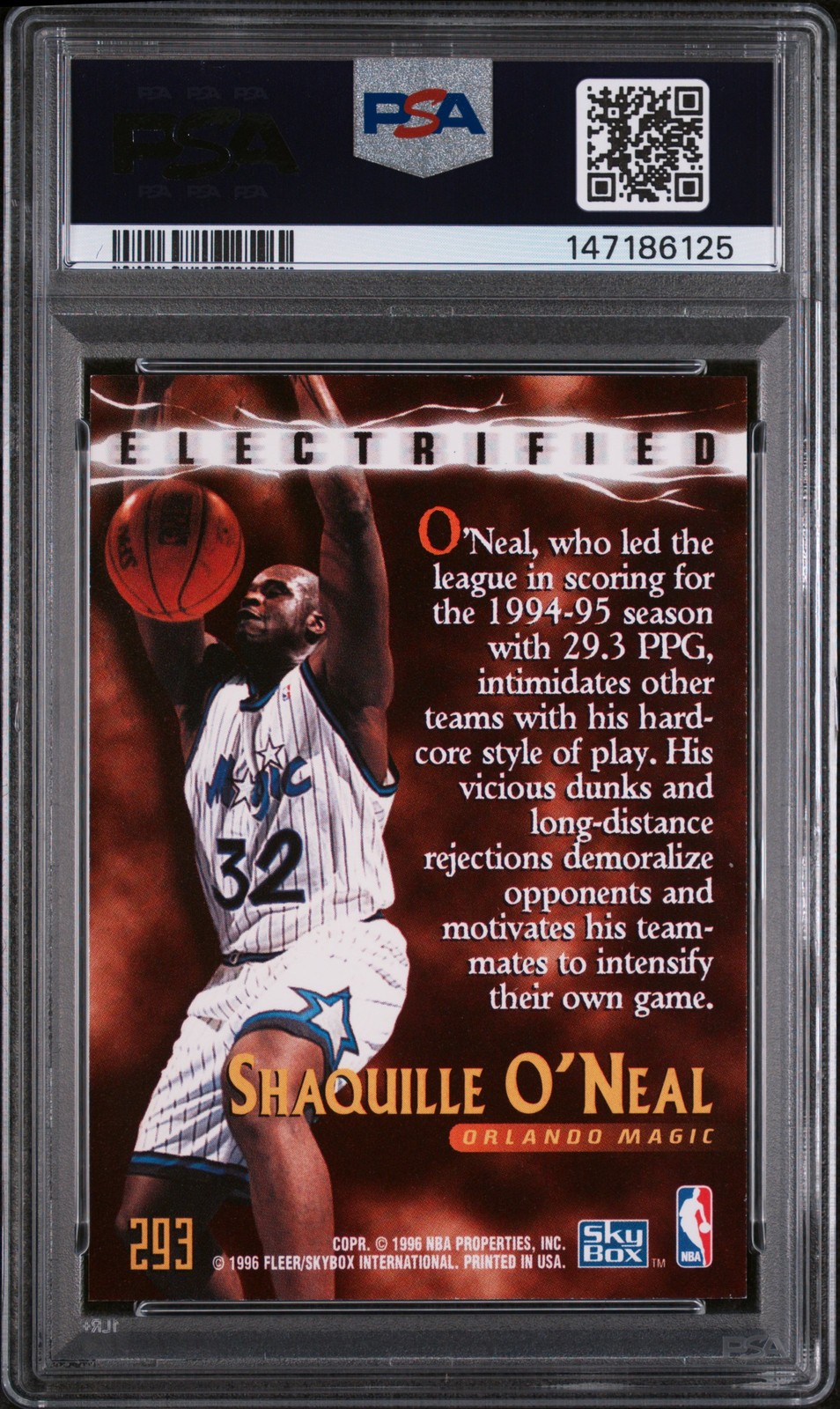 1995 SKYBOX PREMIUM #293 SHAQUILLE O'NEAL PSA 8 view 2